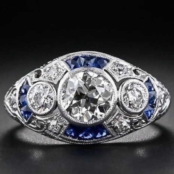A 925 Sterling Art Deco Blue and White Sapphire Ring - Picture 12 of 16